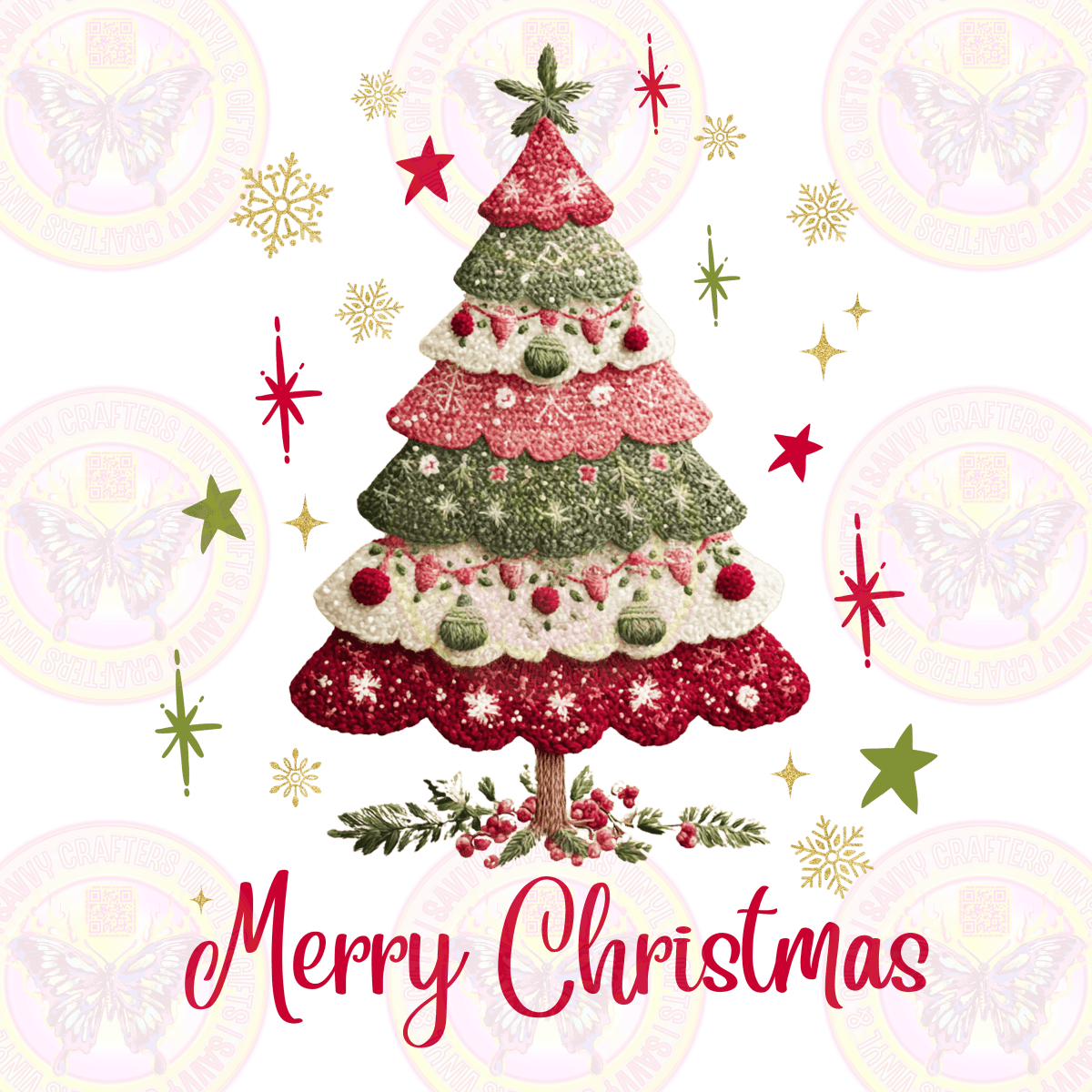 Merry Christmas Tree Faux Crochet/Embroidery - Savvy Crafters Vinyl & Gifts