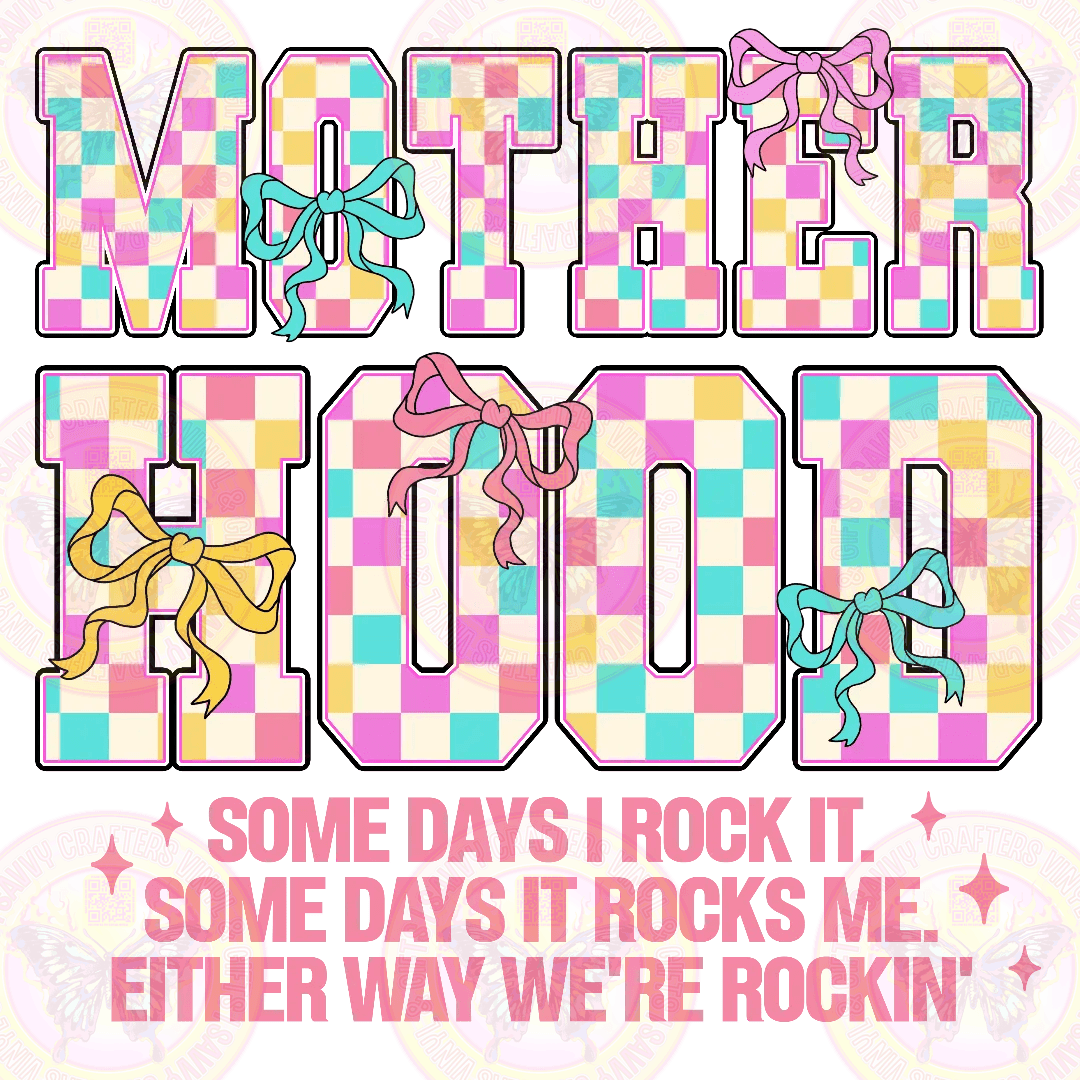 Motherhood Rockin Colorful Checkered - Pink text - Savvy Crafters Vinyl & Gifts