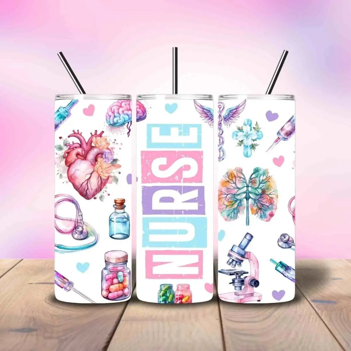 Nurse Pink Purple Blue Watercolor Pattern - Fully Completed Tumbler Skinny Straight 20/30oz - Savvy Crafters Vinyl & Gifts