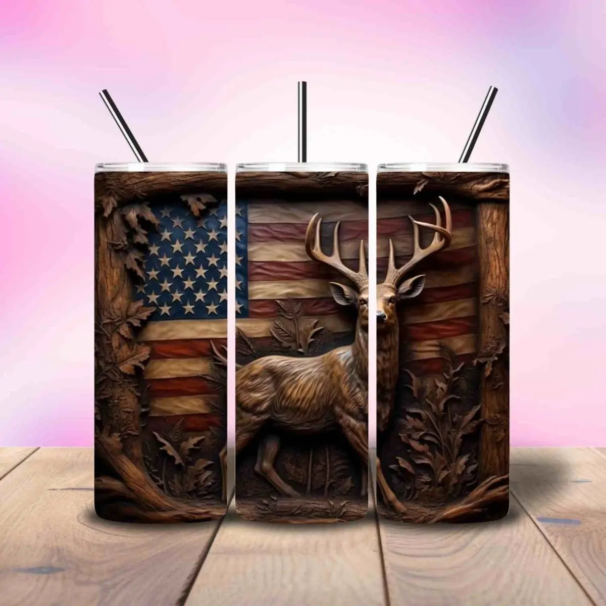 Patriotic Deer Rugged Fall Leaves - Fully Completed Tumbler Skinny Straight 20/30oz - Savvy Crafters Vinyl & Gifts