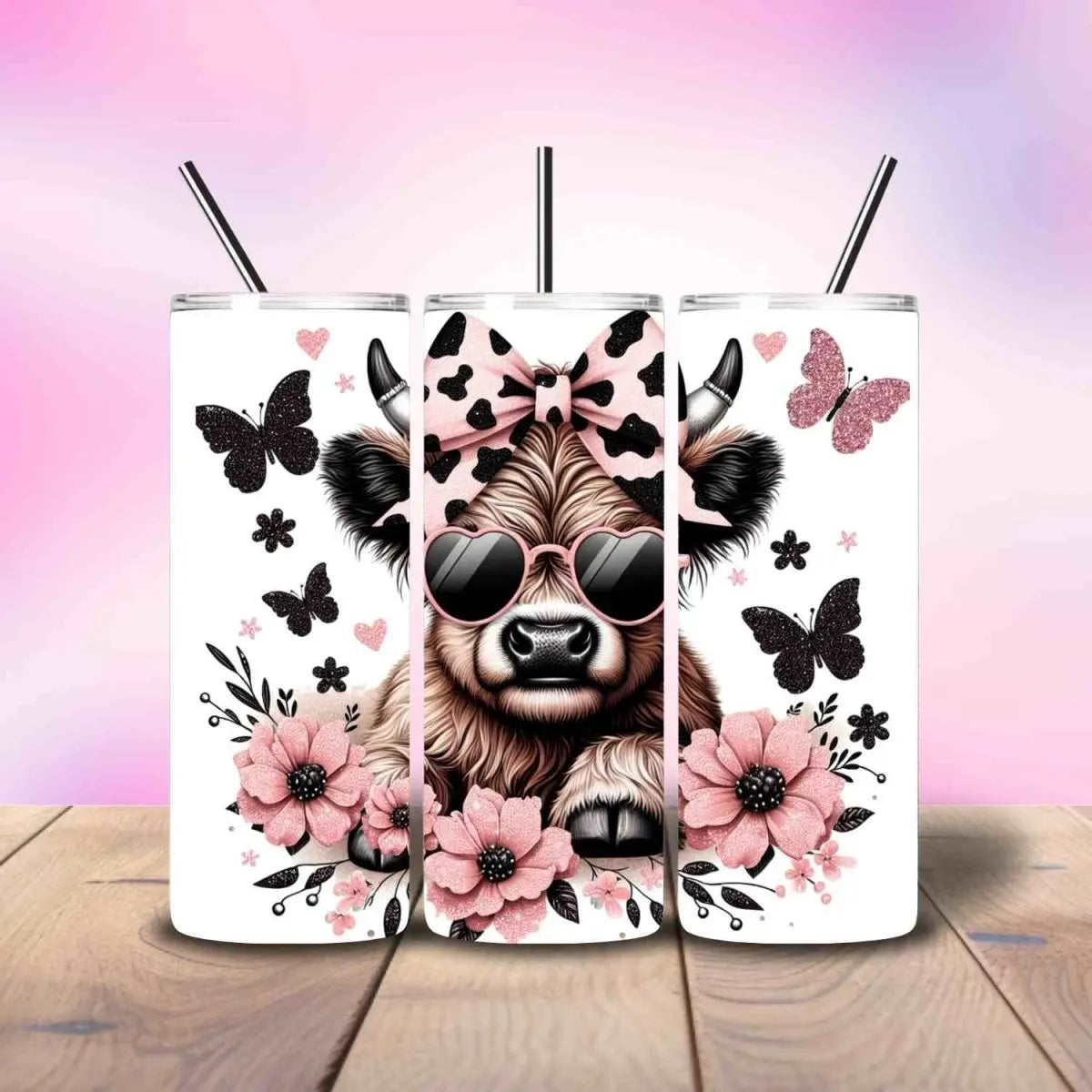 Pink Butterfly Girly Cow - Fully Completed Tumbler Skinny Straight 20/30oz - Savvy Crafters Vinyl & Gifts