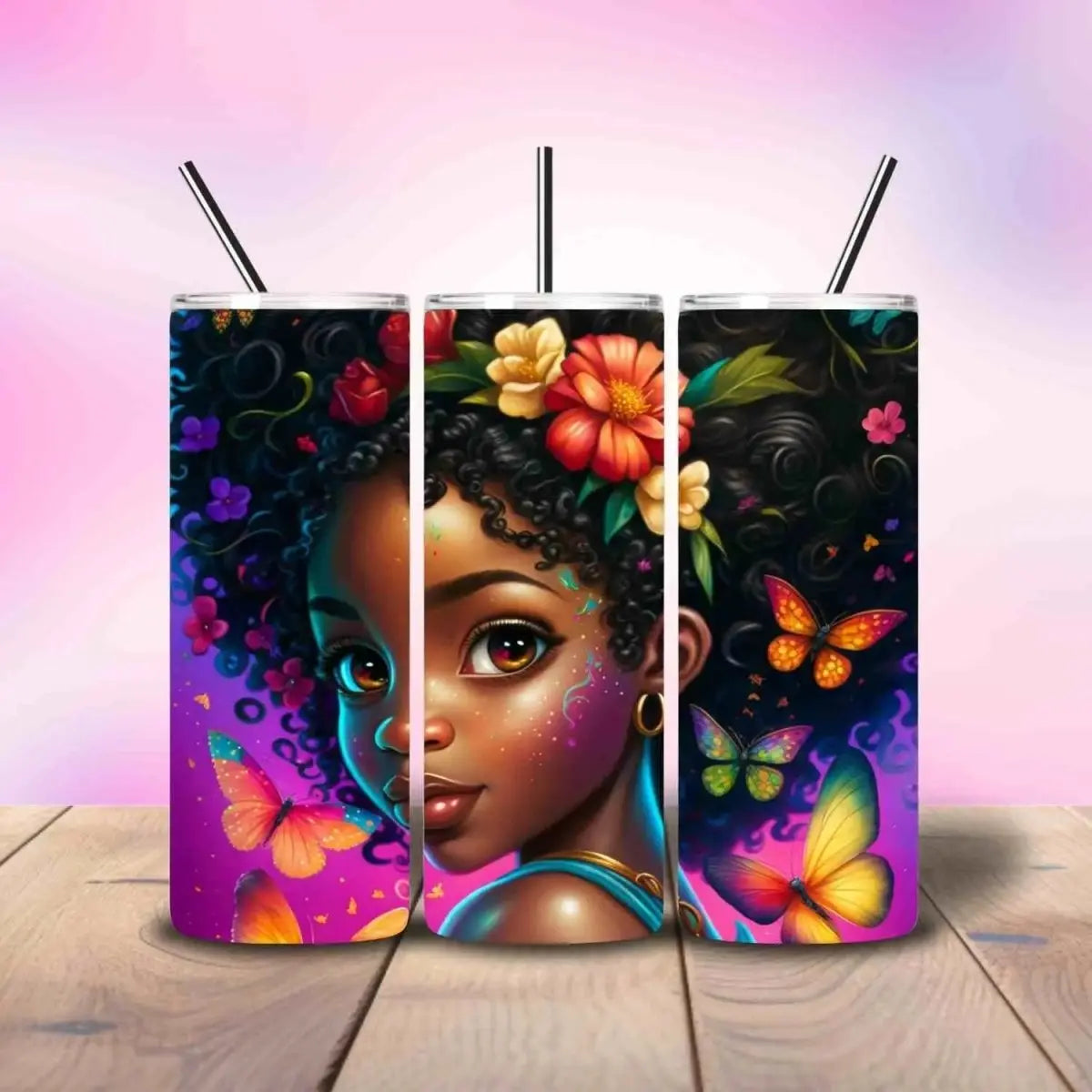 Pretty Brown Princess Butterflies and Flowers - Fully Completed Tumbler Skinny Straight 20/30oz - Savvy Crafters Vinyl & Gifts