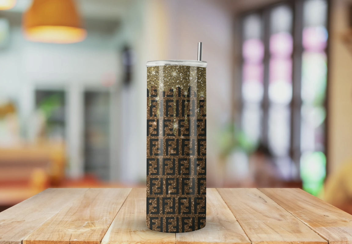 Fendi Inspired Gold Glitter Drip - Fully Completed Tumbler Skinny Straight 20/30oz