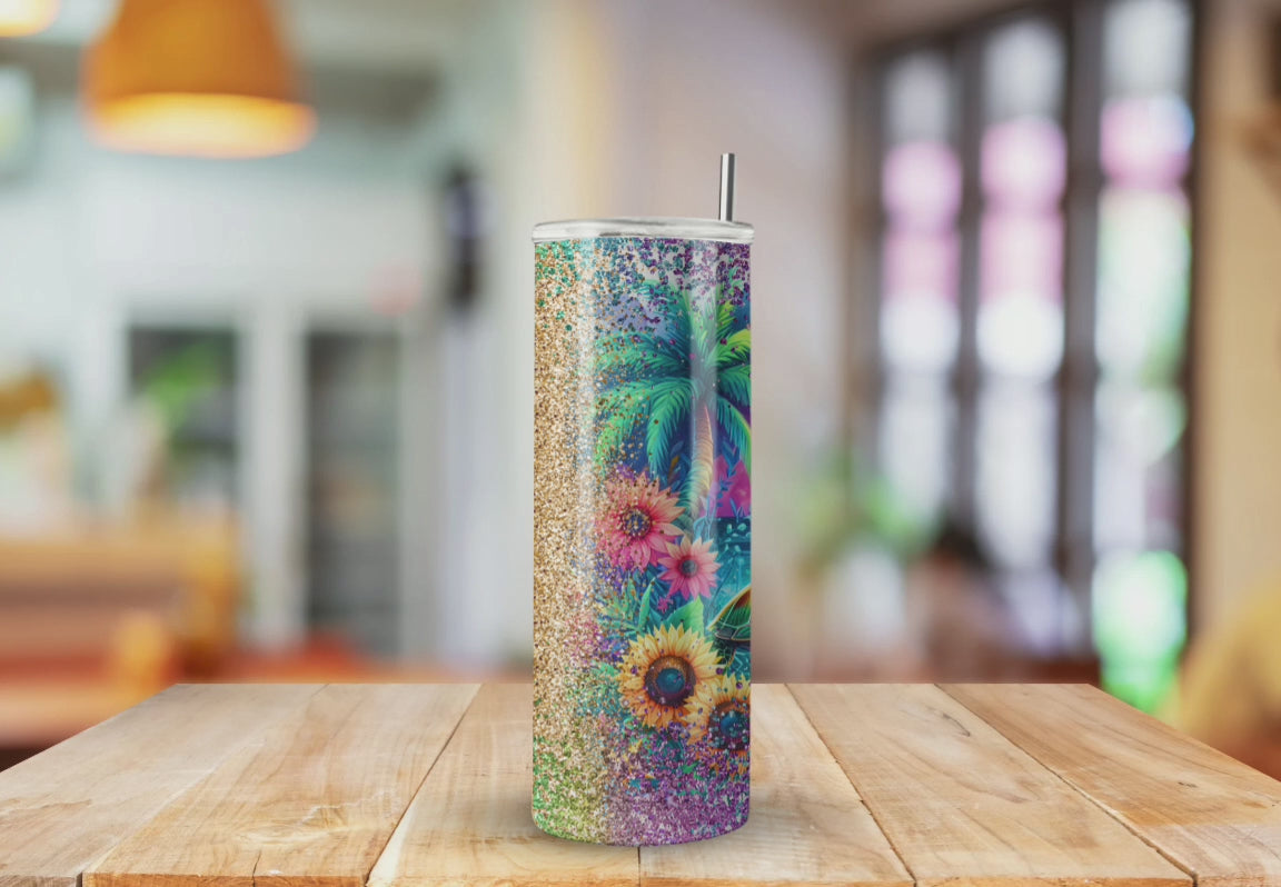 Glitter Turtle Rainbow beach Vibes  - Fully Completed Tumbler Skinny Straight 20/30oz