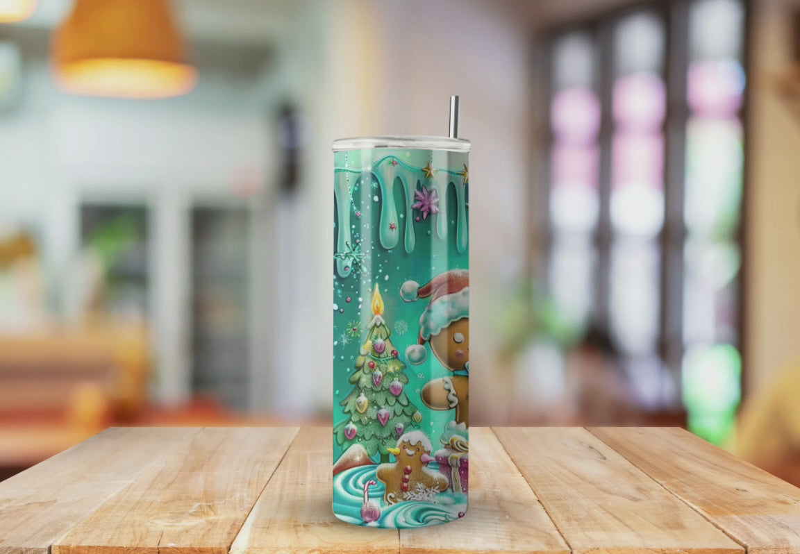 Gingerbread Friends Mint Green/Blue Drip Christmas   - Fully Completed Tumbler Skinny Straight 20/30oz