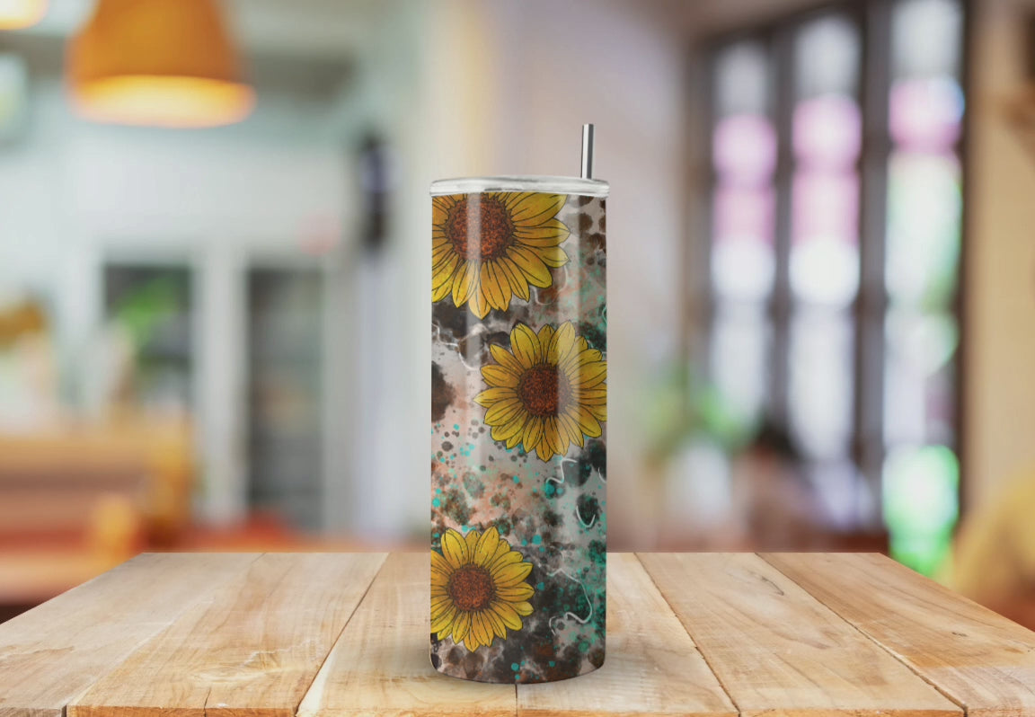 Floral yellow Turquoise Sunflower Cow Print - Fully Completed Tumbler Skinny Straight 20/30oz