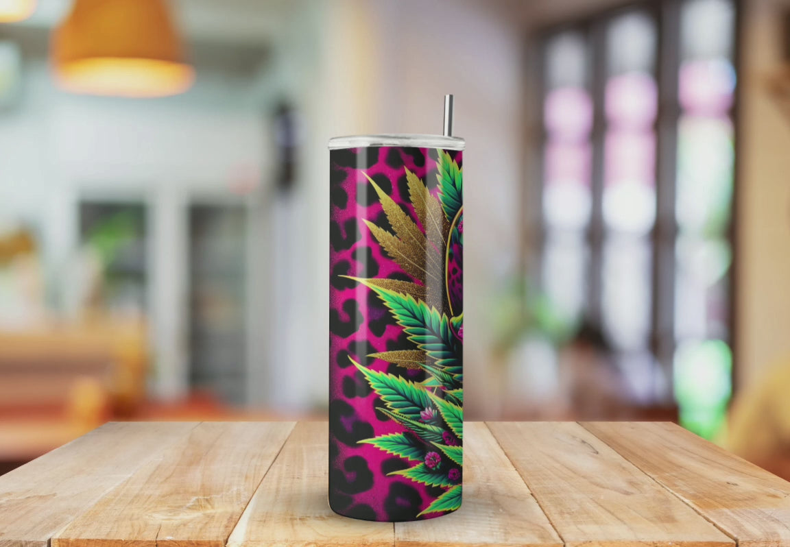 Weed Marijuana Sugar Skull neon Cheetah Attitude  - Fully Completed Tumbler Skinny Straight 20/30oz