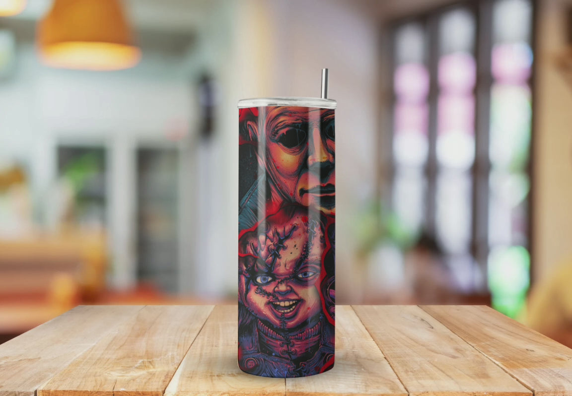 Bloody Cracked Collage of Horror Characters - Fully Completed Tumbler 20oz Skinny