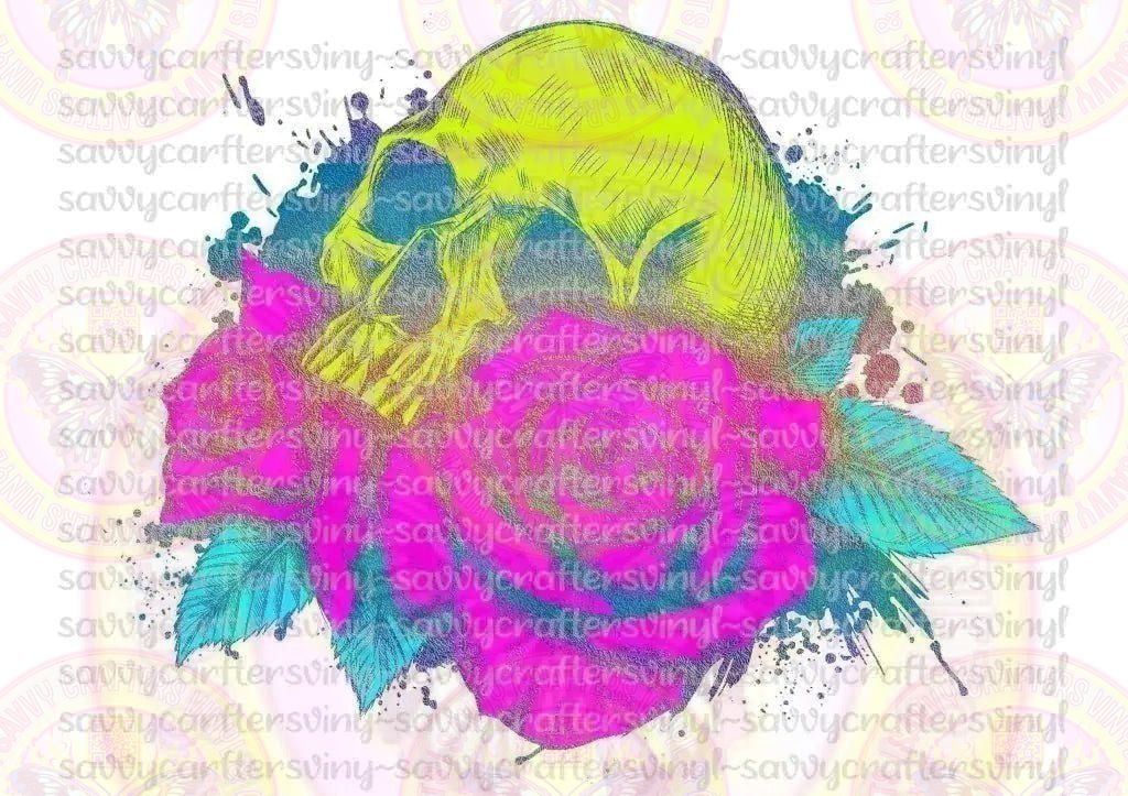 Skull Pink Roses Grunge Neon - Savvy Crafters Vinyl & Gifts