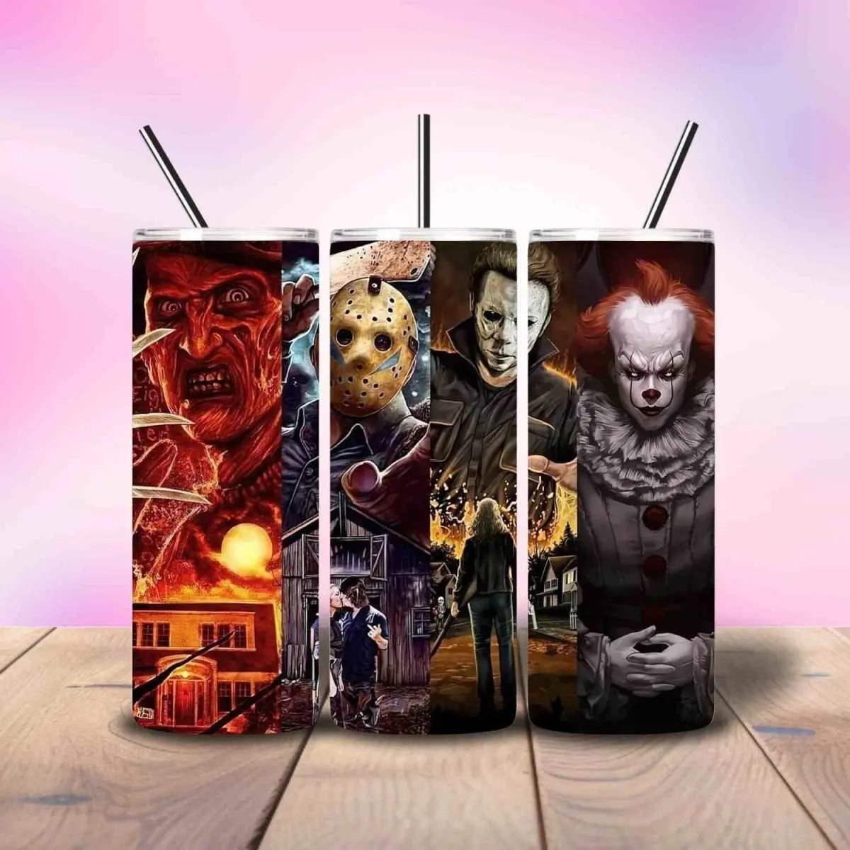 Split Images of Scary Horror Icons - Fully Completed Tumbler 20oz Skinny - Savvy Crafters Vinyl & Gifts