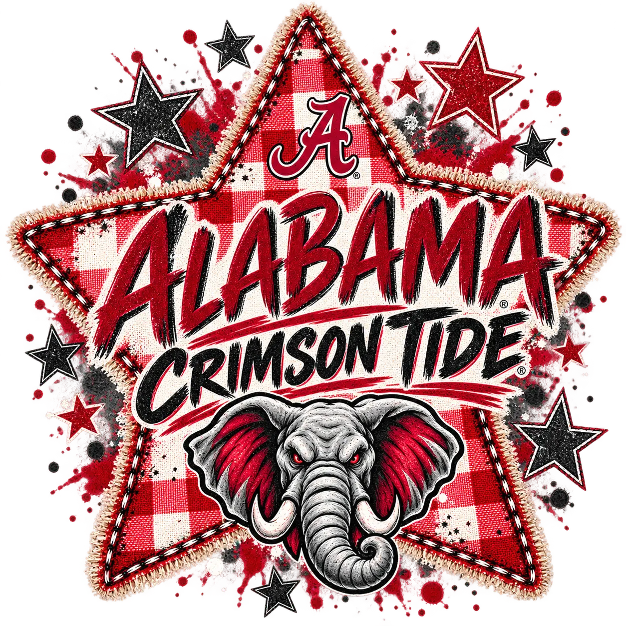 Alabama Crimson Tide star-shaped graphic design featuring a red and white buffalo plaid pattern, the Alabama 'A' logo at the top, 'ALABAMA CRIMSON TIDE' text in red and black, and an elephant head illustration at the bottom, all on a white background with decorative red and black paint splatters.