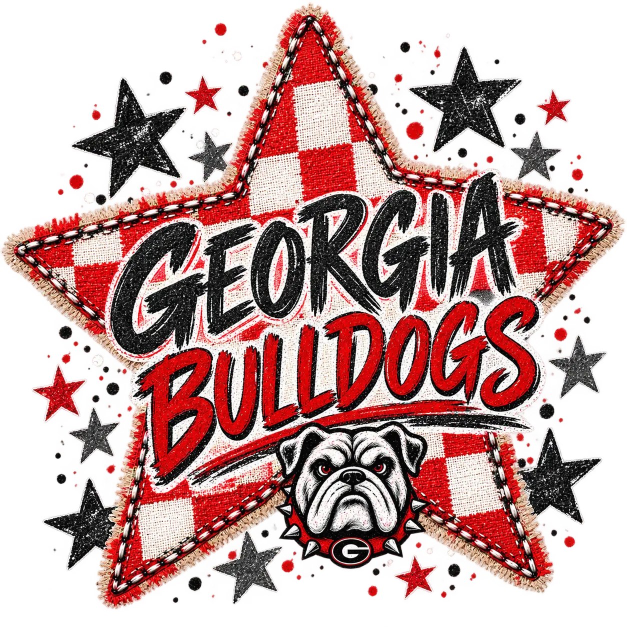 A Georgia Bulldogs embroidered patch design featuring a large red and white checkered star with the words 'GEORGIA BULLDOGS' in black and red lettering, plus a bulldog head and scattered black and red stars on a white background.