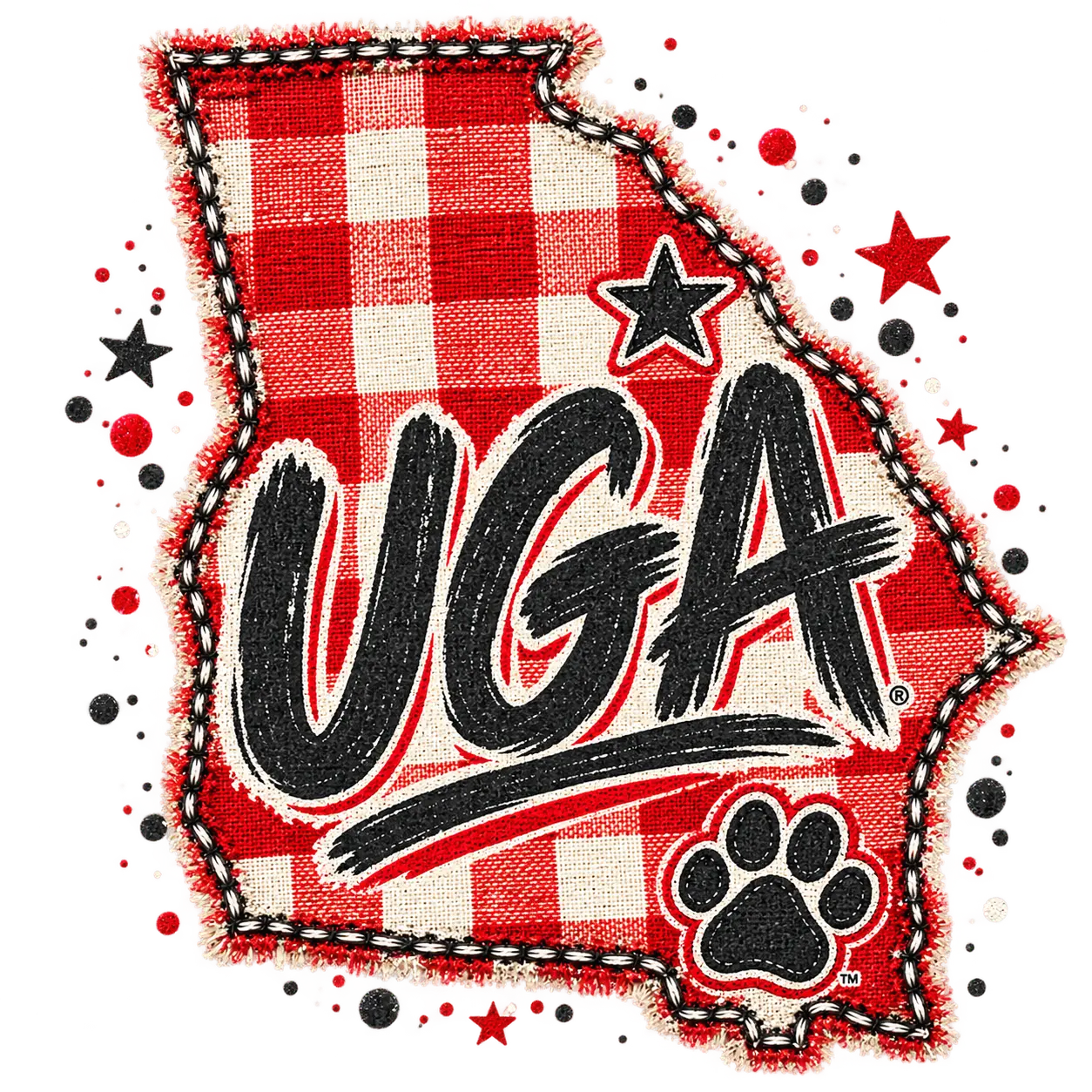 Red and white buffalo check patterned graphic shaped like the state of Georgia, with large black 'UGA' lettering, a black paw print, and scattered red and black stars on a white background.