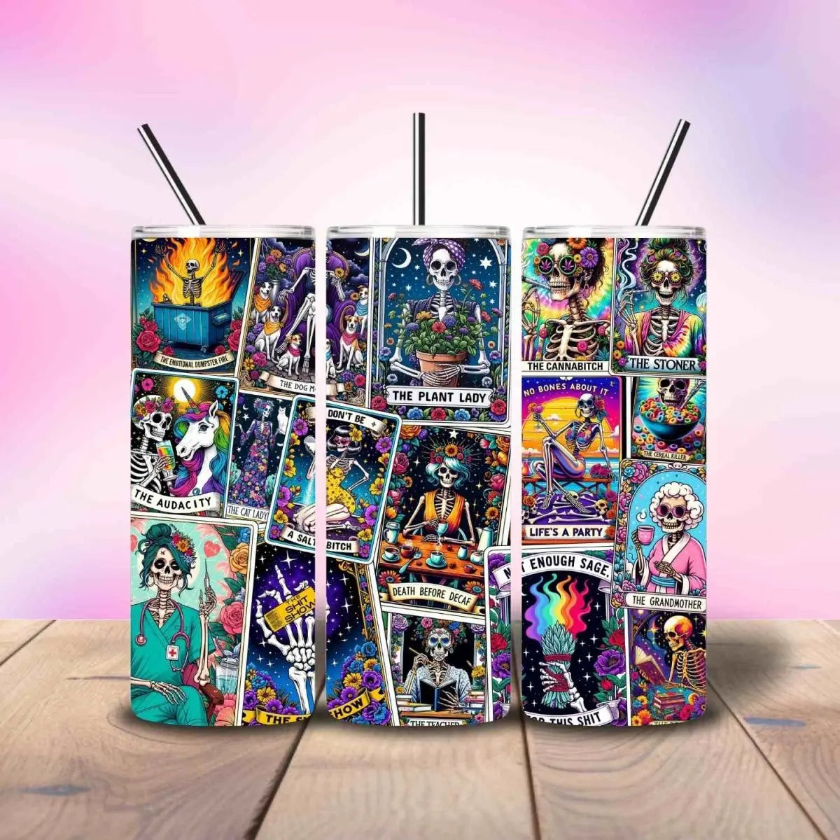 Tarot Card Skulls Botanicals and Animals - Fully Completed Tumbler Skinny Straight 20/30oz - Savvy Crafters Vinyl & Gifts