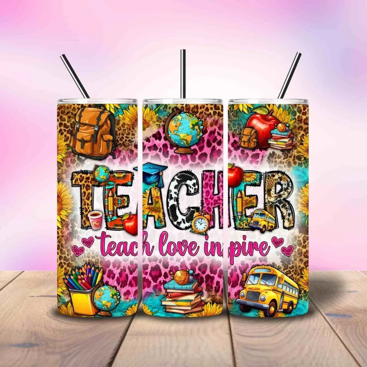 Teacher Teach Love Inspire Hot Pink & Cheetah - Fully Completed Tumbler Skinny Straight 20/30oz - Savvy Crafters Vinyl & Gifts