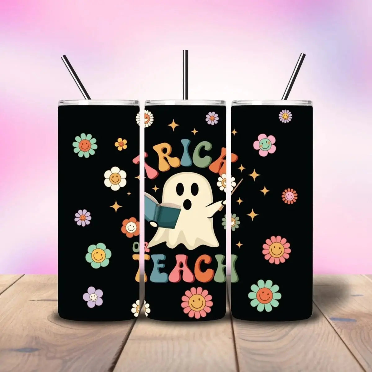 Trick or Teach Black Floral Ghost - Fully Completed Tumbler Skinny Straight 20/30oz - Savvy Crafters Vinyl & Gifts