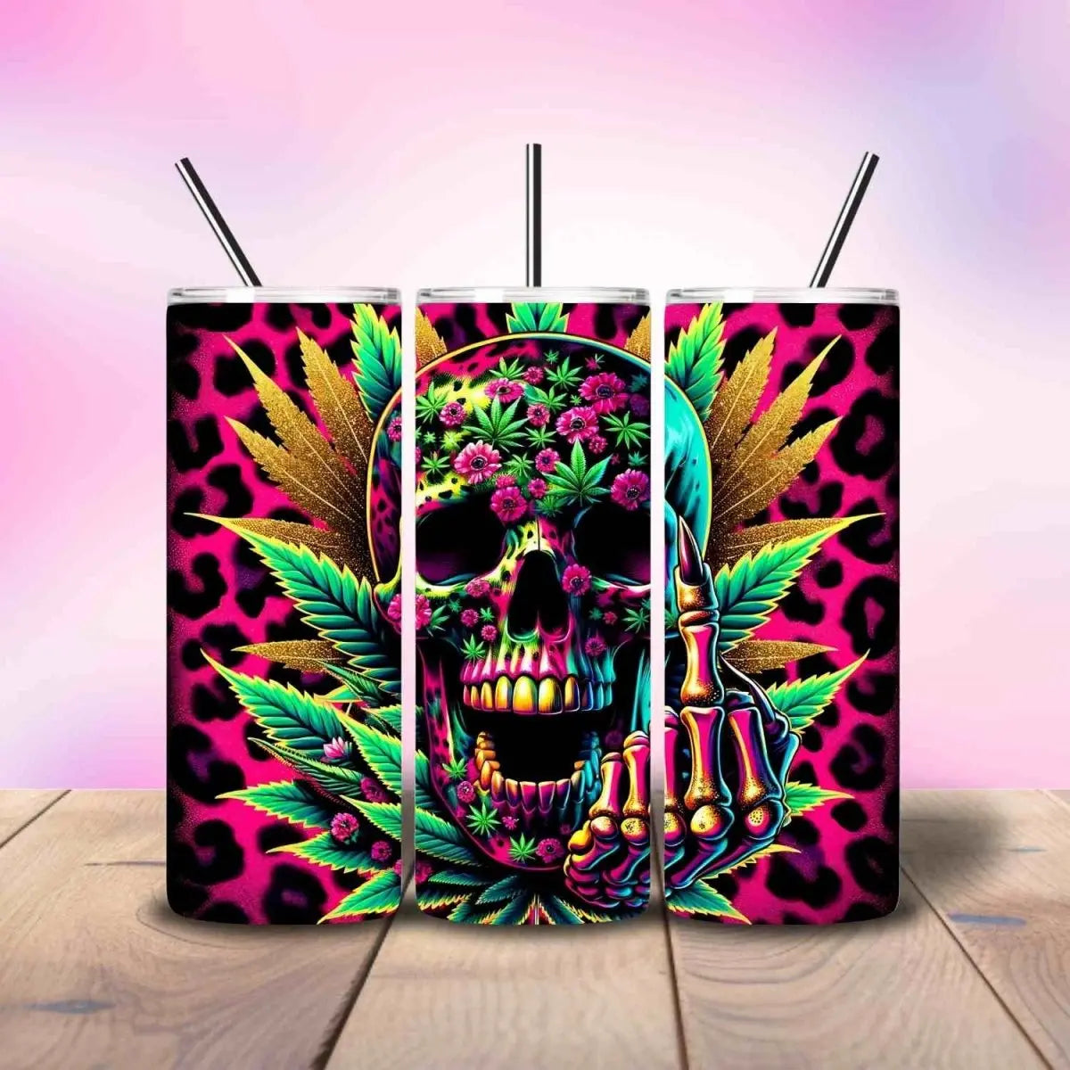 Weed Marijuana Sugar Skull neon Cheetah Attitude - Fully Completed Tumbler Skinny Straight 20/30oz - Savvy Crafters Vinyl & Gifts